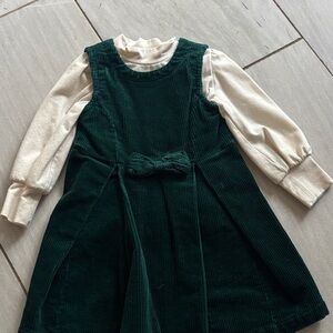 Hope and Henry Green Corduroy Dress with Cream Sleeves